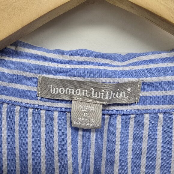 Woman Within Long Sleeve Striped Button Up Shirt 1X (22/24) French Blue White - Picture 3 of 7